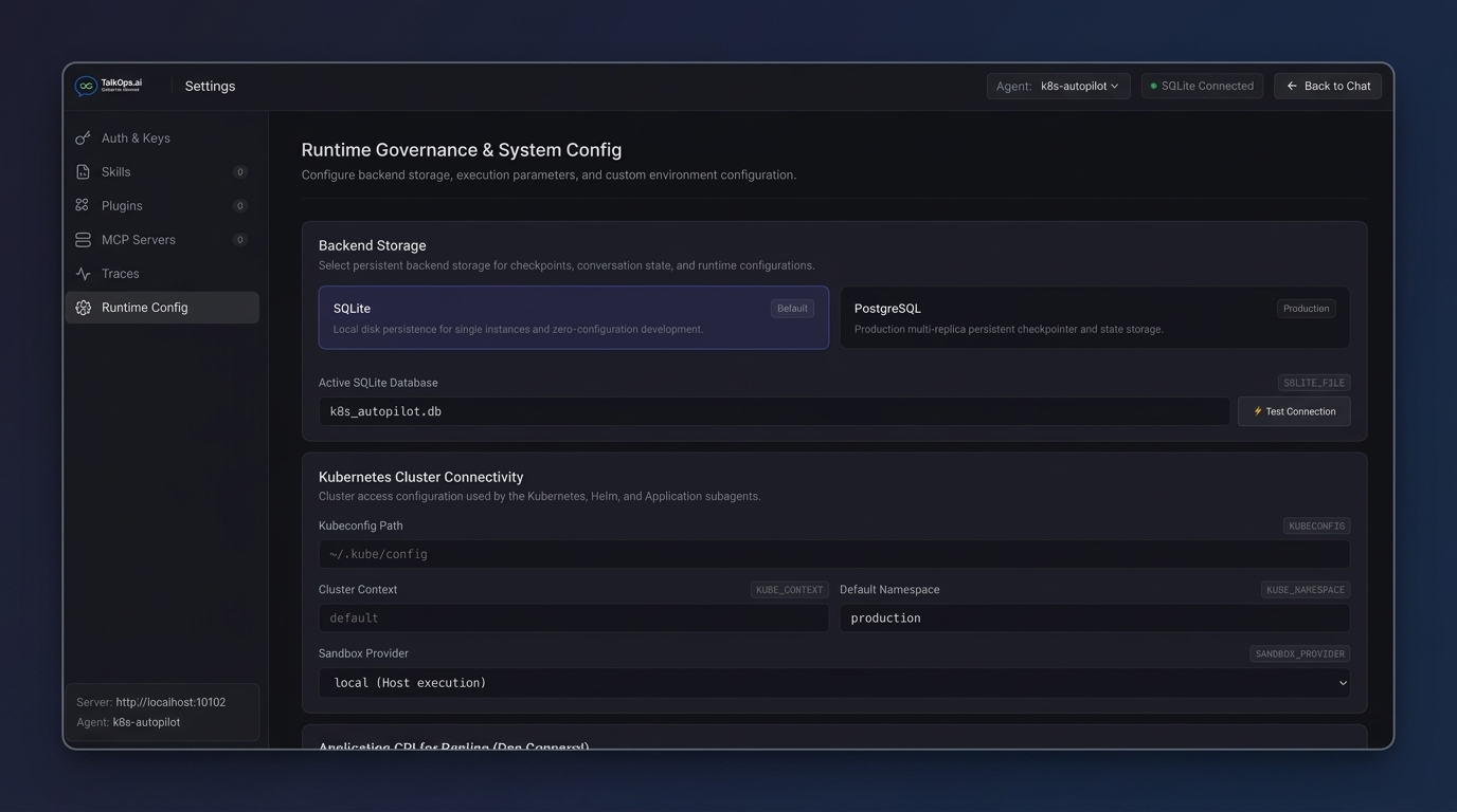 Cluster Connectivity — kubeconfig, context, namespace, and sandbox provider