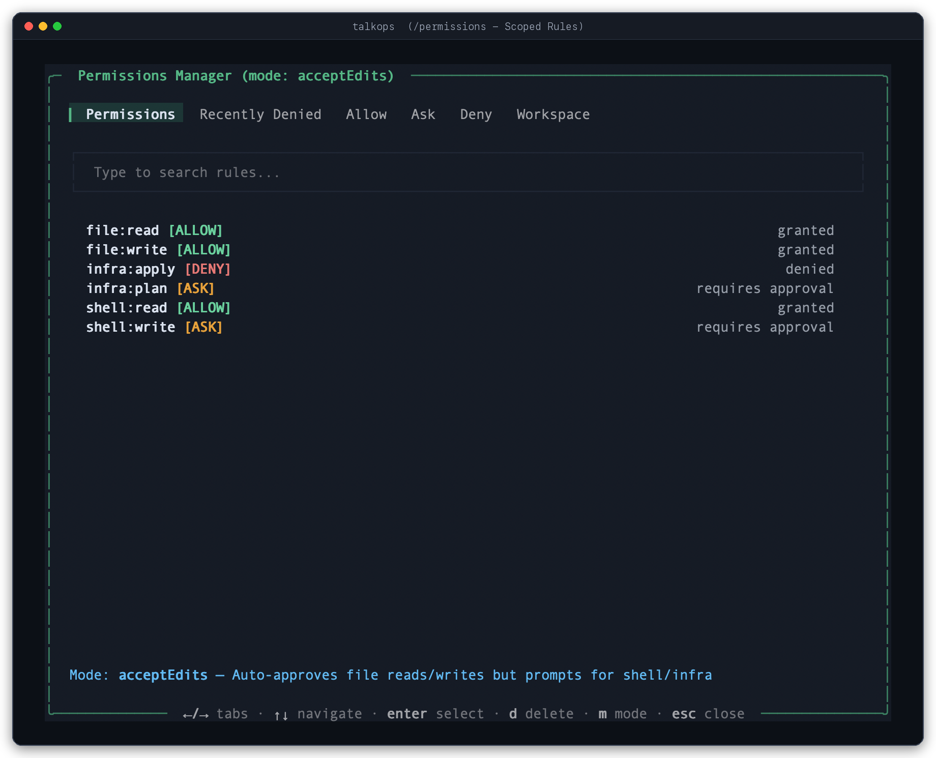 TalkOps Scoped Permissions Manager Modal (/permissions) TalkOps Interactive Scoped Permissions Manager Modal (/permissions) configuring read-only and mutating DevOps tool rules