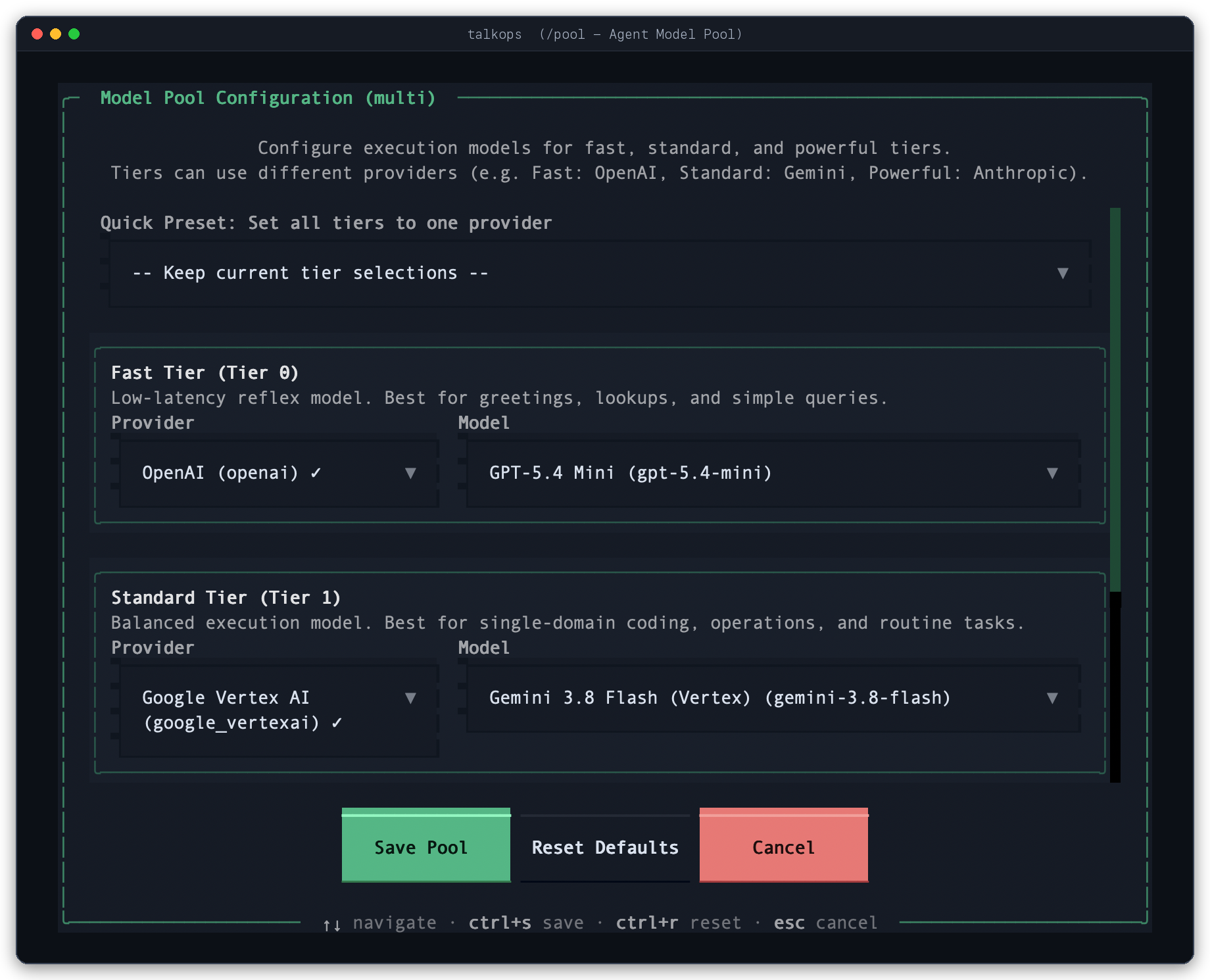 TalkOps Smart Mode 3-Tier Model Pool Configuration Modal (/pool) TalkOps Interactive Agent Model Pool Configuration Modal (/pool) assigning Fast, Standard, and Powerful LLM tiers for Jev Smart Mode