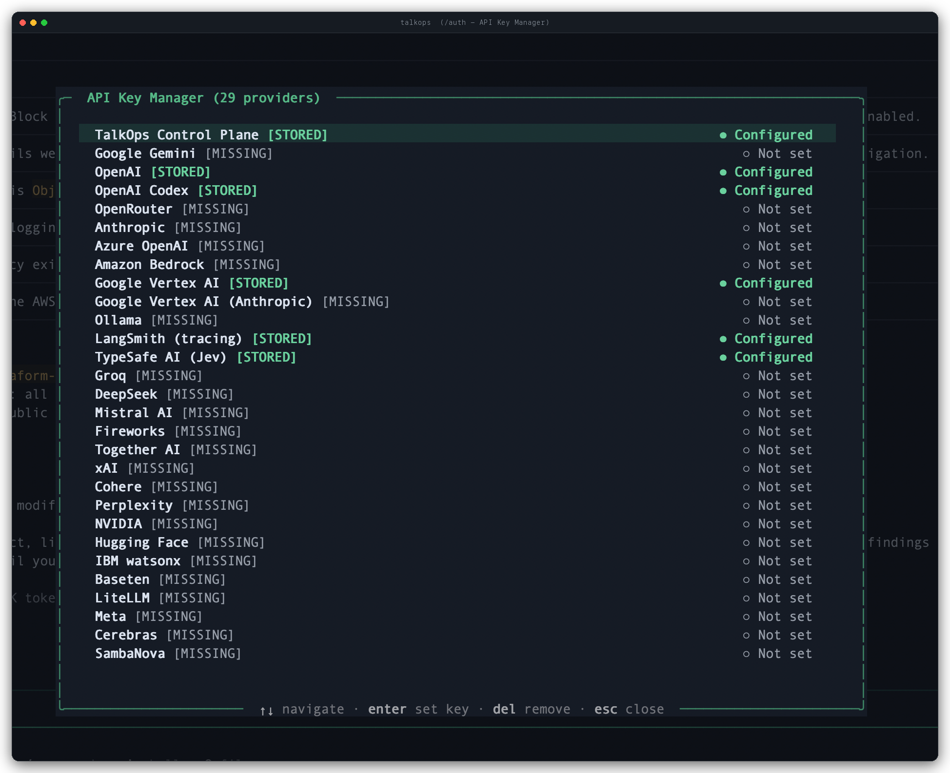 TalkOps API Key & Cloud Credential Manager Modal TalkOps Interactive API Key & Credential Manager Modal (/auth and /login) configuring 26+ LLM providers and cloud authentication