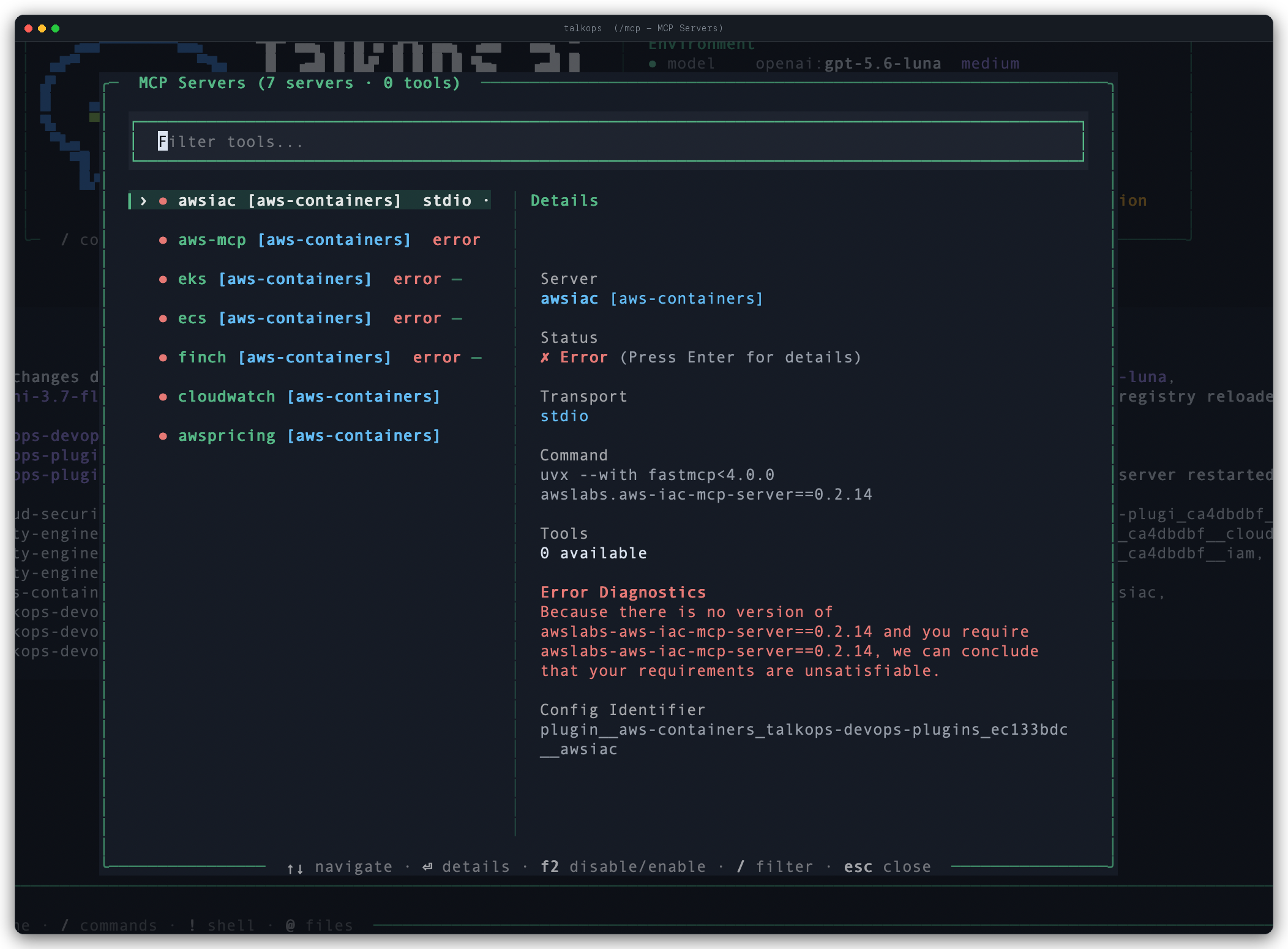 TalkOps MCP Servers Viewer Modal (/mcp) TalkOps Model Context Protocol (MCP) Servers Viewer Modal (/mcp) inspecting connected stdio, SSE, and HTTP DevOps tool servers