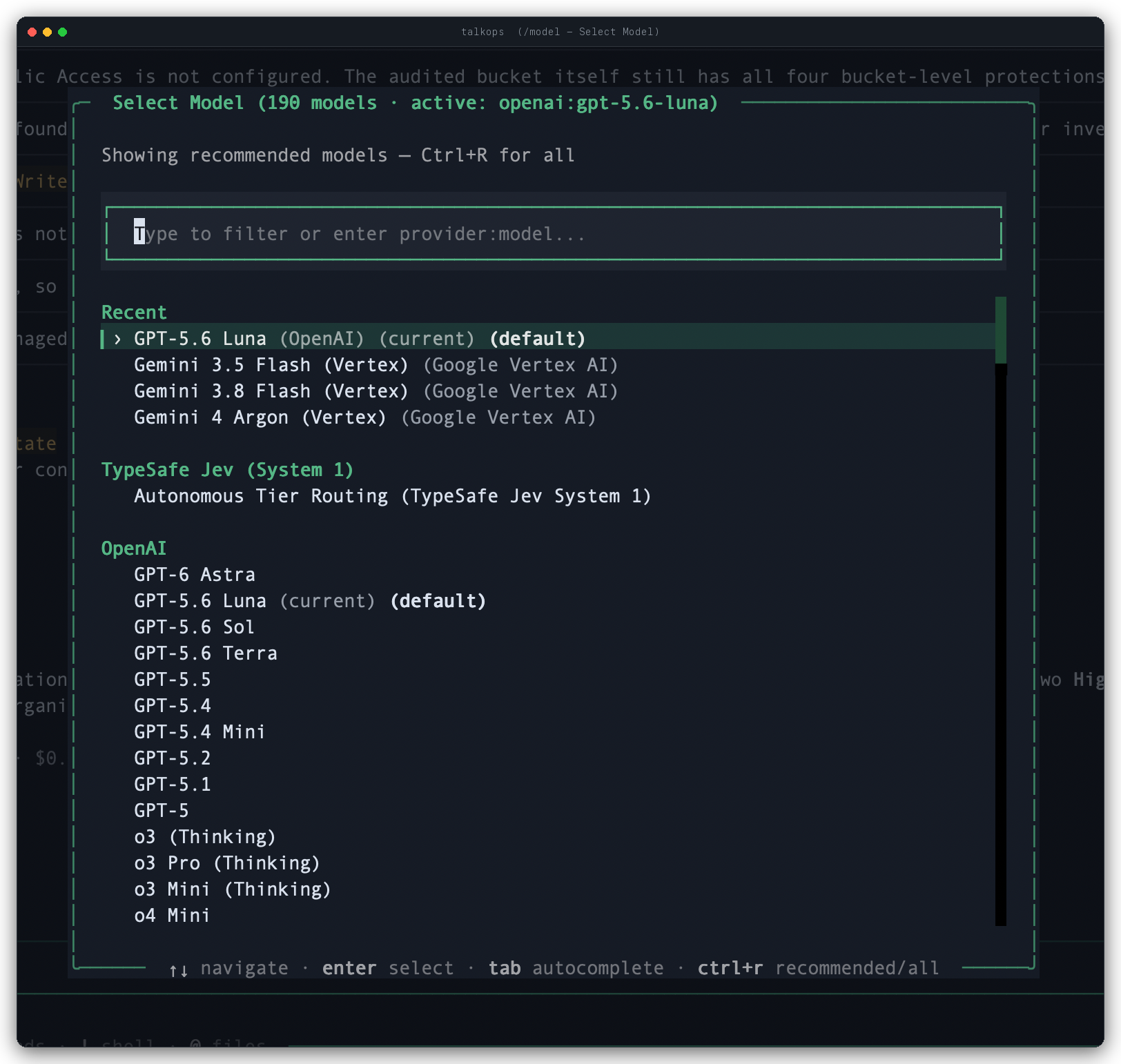 TalkOps Interactive LLM Model Selector Modal (/model) TalkOps Interactive Select Model Modal (/model) choosing across 26+ LLM providers including Anthropic Claude, OpenAI, Gemini, Bedrock, and Ollama