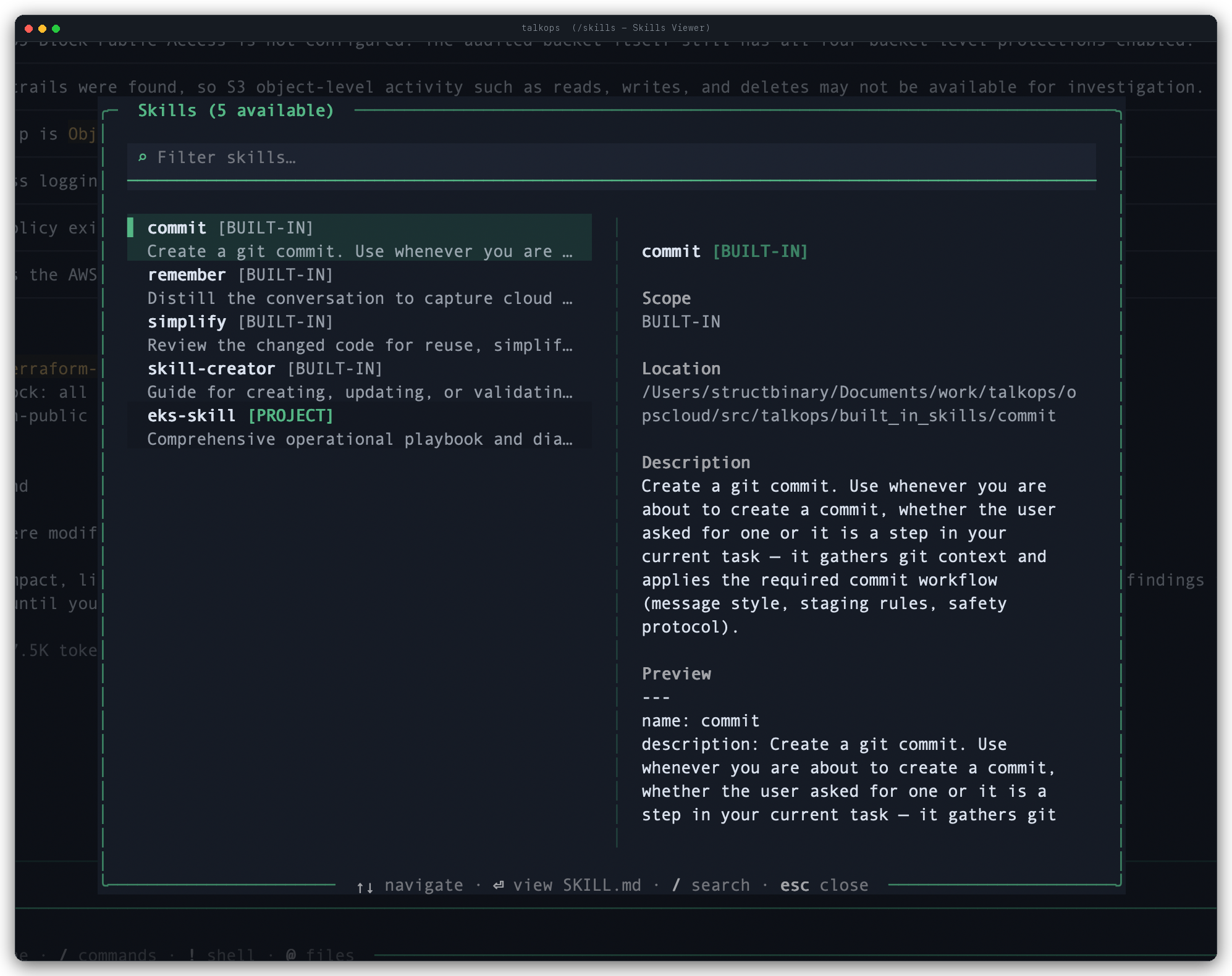 TalkOps Interactive Skills Viewer Modal (/skills) browsing progressive-disclosure SKILL.md operational runbooks across user, project, and plugin scopes