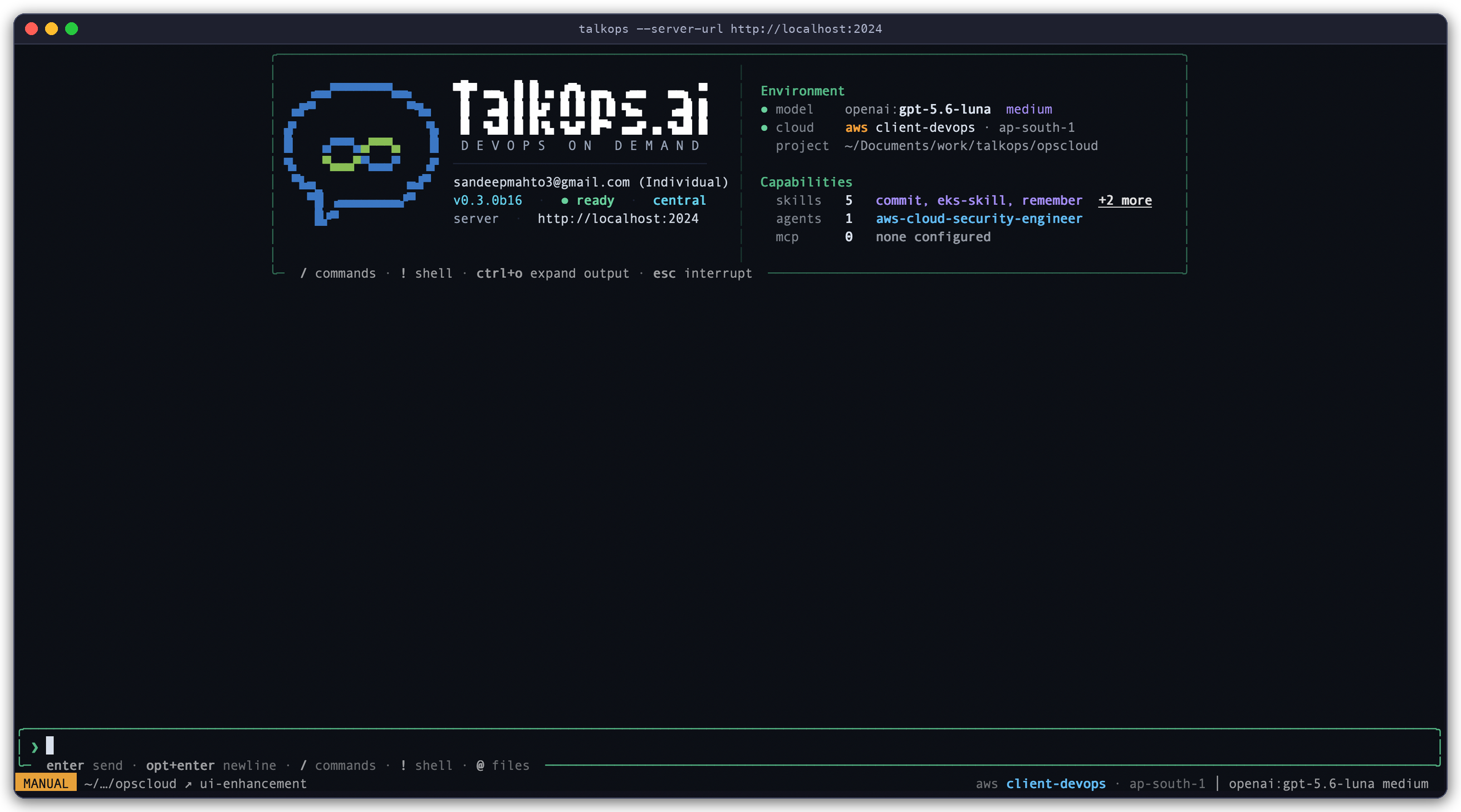 TalkOps Remote Client TUI Connected to Central Server TalkOps Client TUI connected to the Central Server showing central mode and server URL on the Welcome Banner