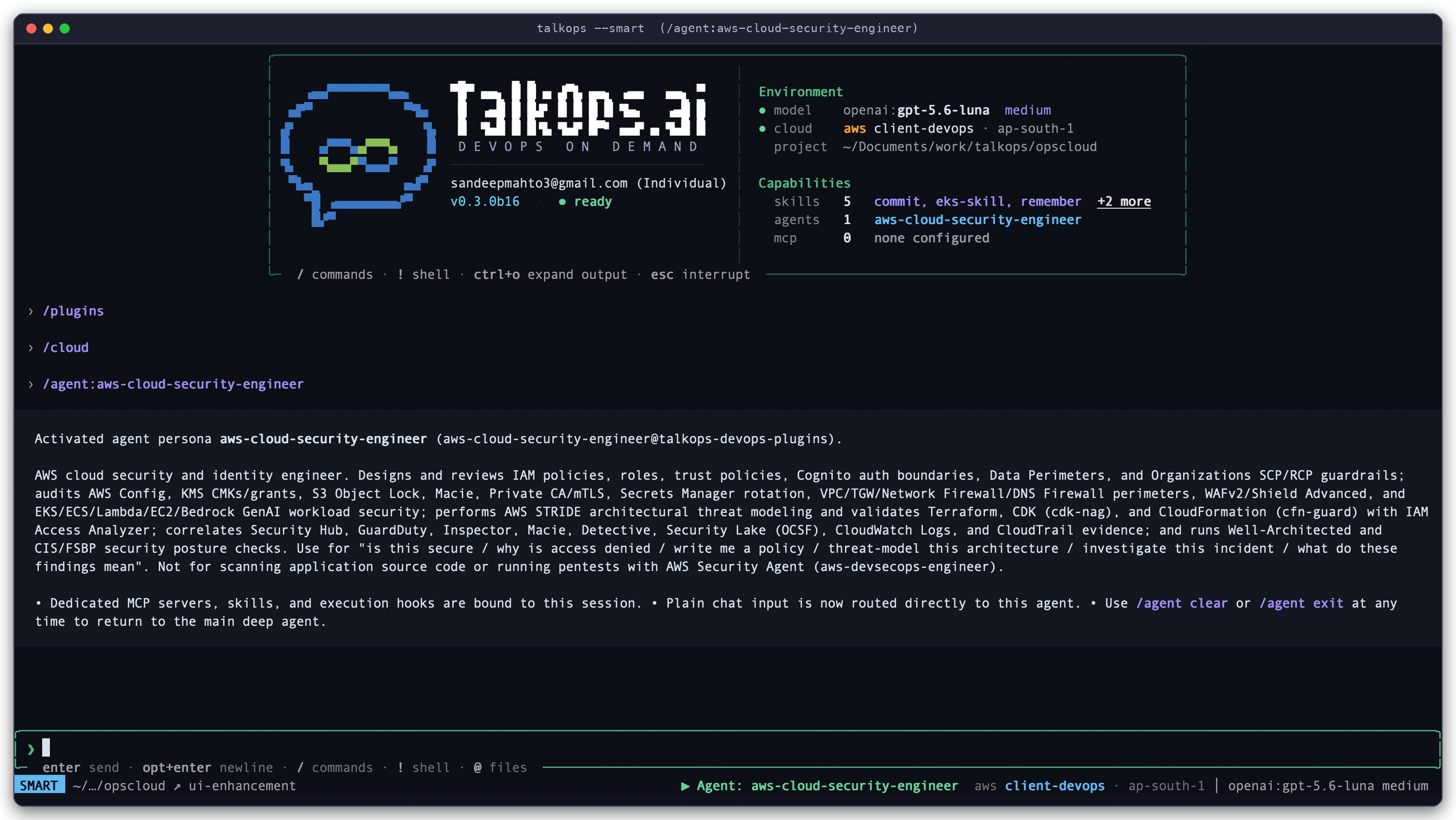 TalkOps Specialist Agent Persona Activation (/agent) TalkOps interactive TUI activating the aws-cloud-security-engineer persona via /agent:aws-cloud-security-engineer