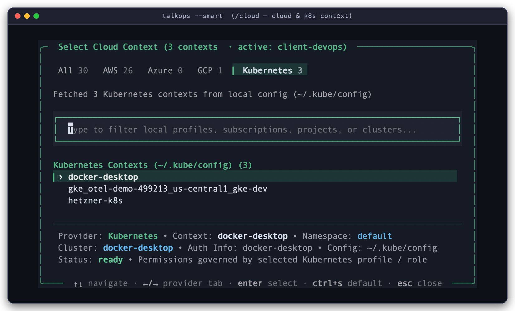 TalkOps Multi-Cloud Context Switcher Modal (/cloud) TalkOps Select Cloud Context modal (/cloud) showing AWS, Azure, GCP, and Kubernetes context tabs