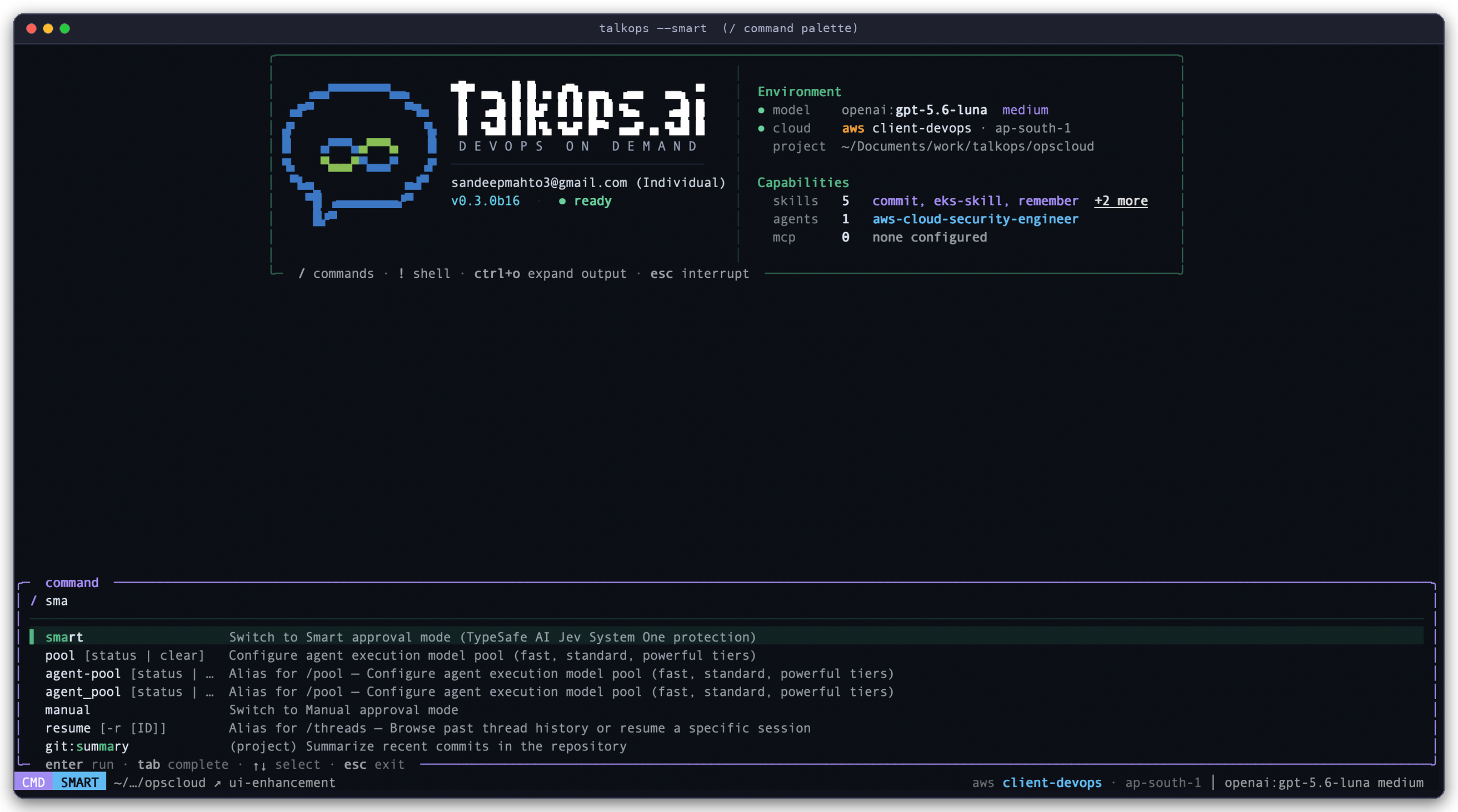 TalkOps Interactive Slash Command Palette (/) TalkOps interactive TUI command palette opened with / and fuzzy-filtered with / sma showing smart, pool, manual, resume, and custom project commands