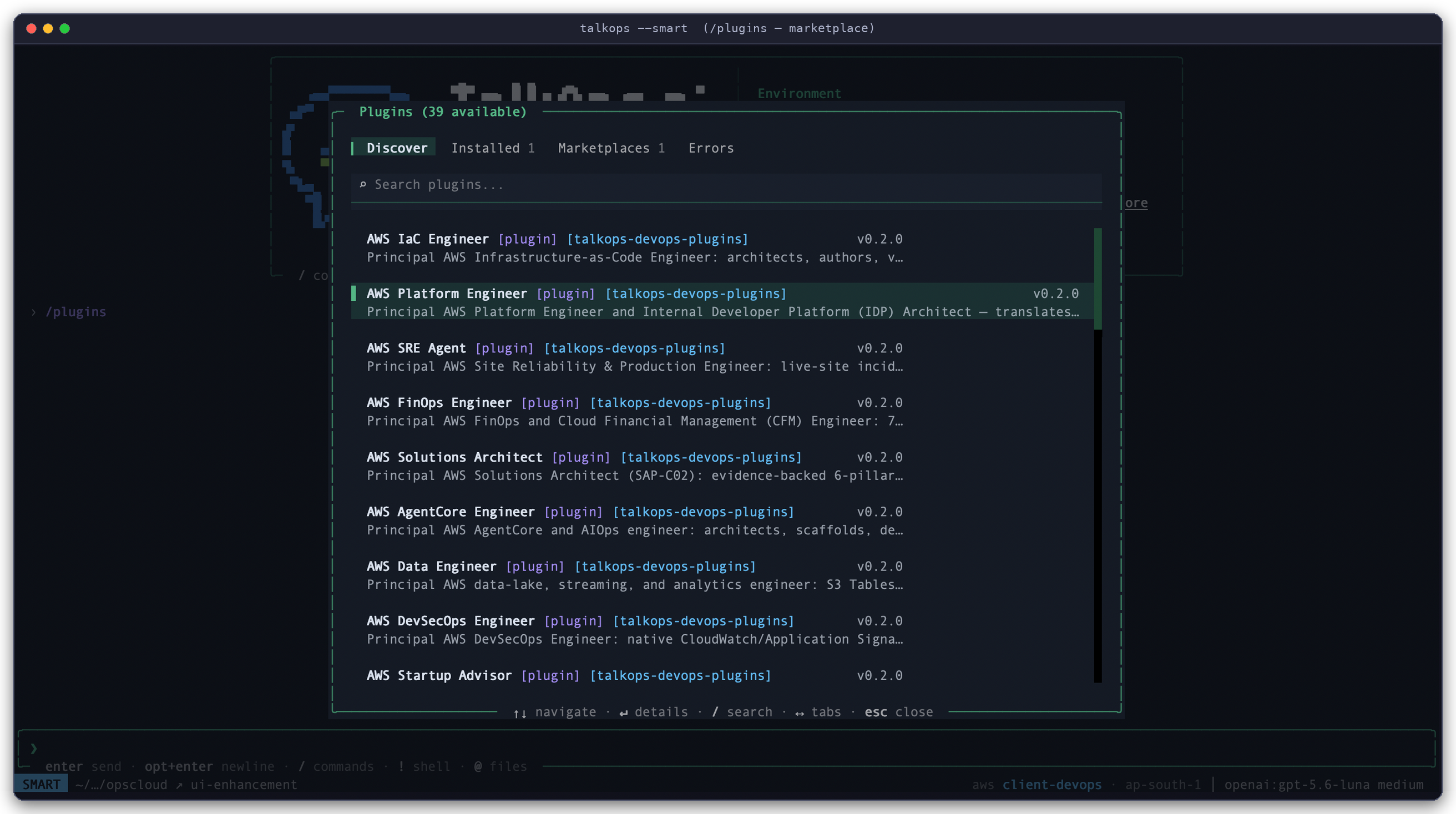 TalkOps Interactive Plugins Marketplace Modal (/plugins) TalkOps Plugins marketplace modal (/plugins) showing 39 available specialist DevOps plugins