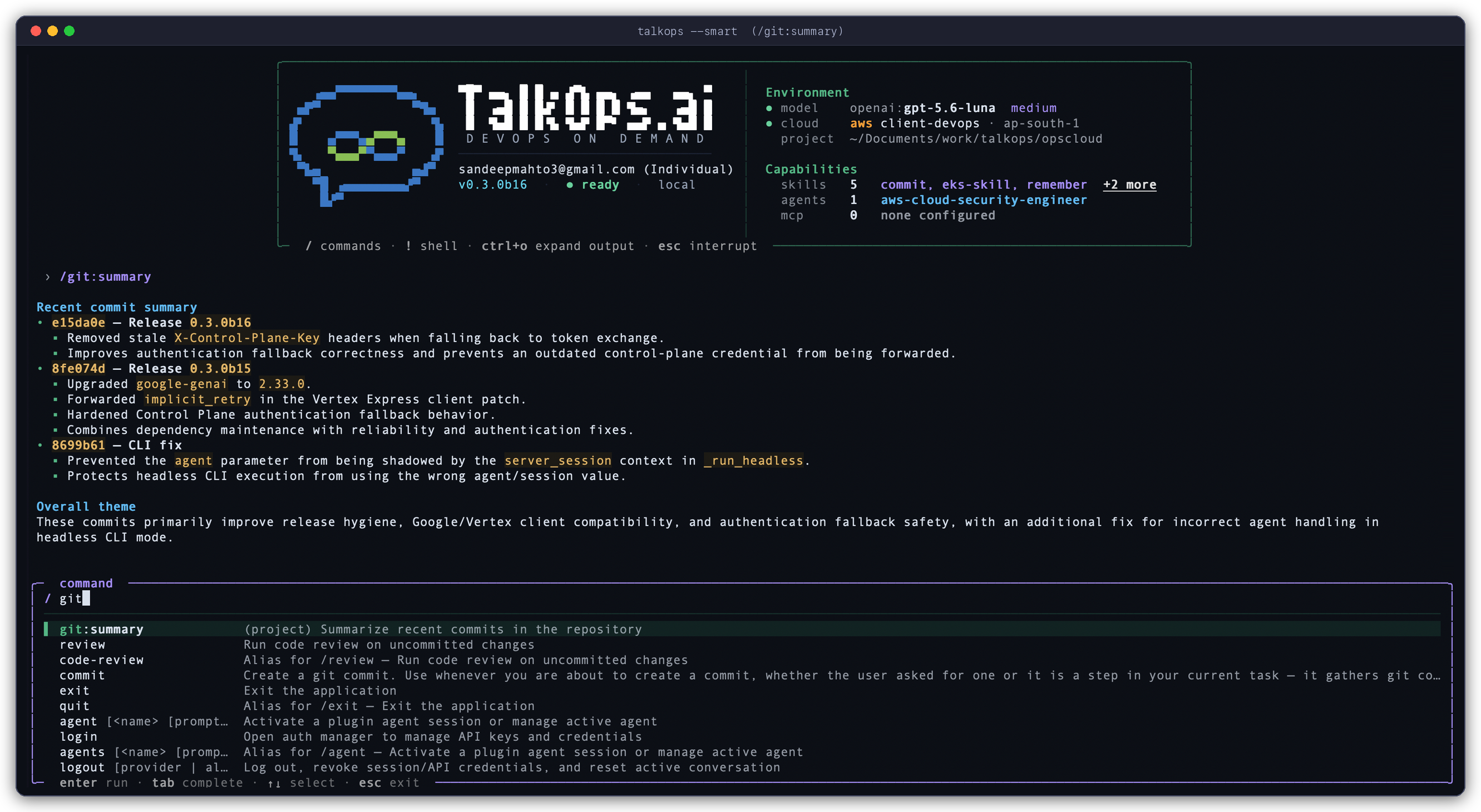 TalkOps running the /git:summary project custom command and showing /git autocomplete in the command palette