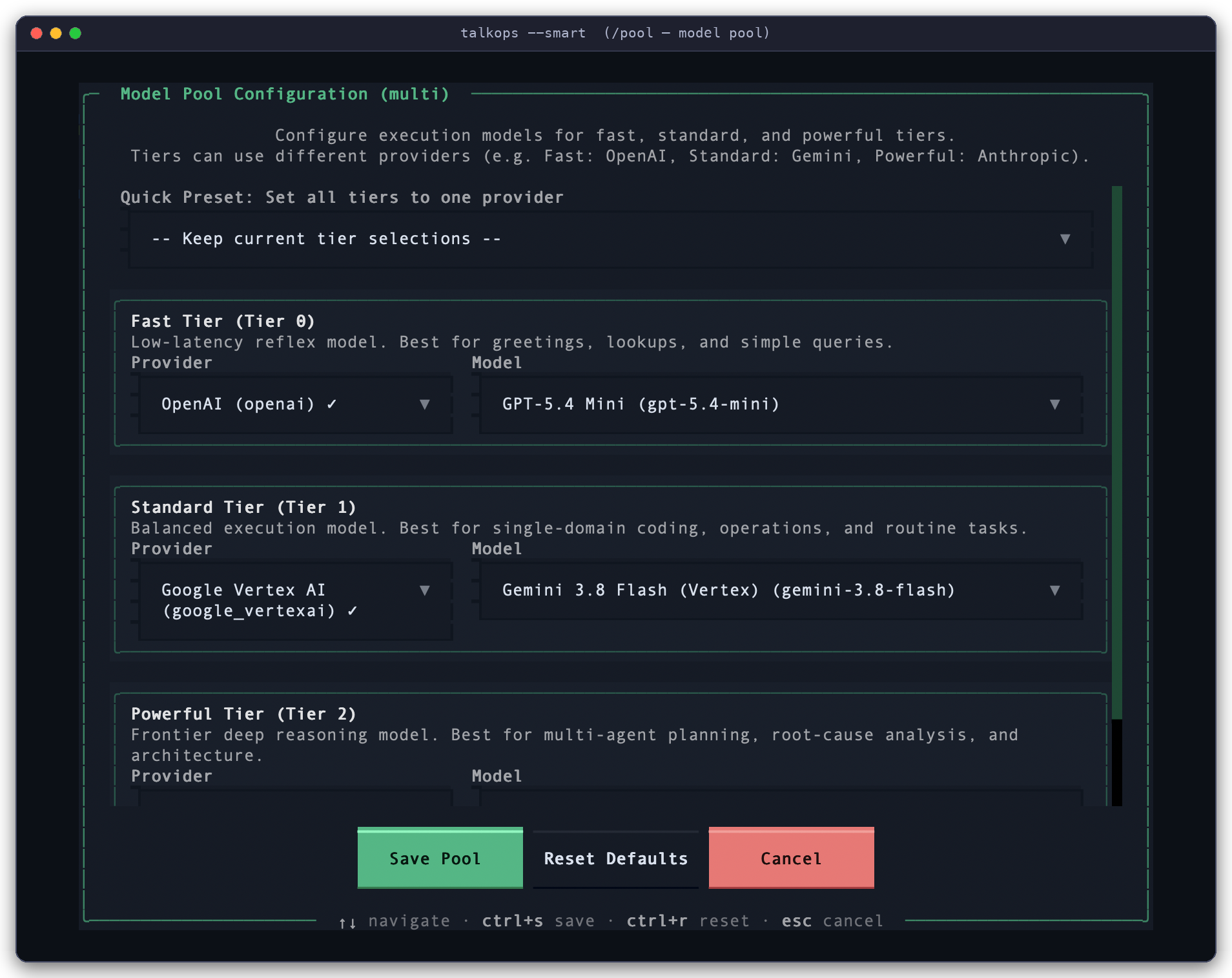 TalkOps Jev Smart Mode 3-Tier Model Pool Configuration (/pool) TalkOps Model Pool Configuration modal (/pool) showing multi-provider Fast, Standard, and Powerful tier selection