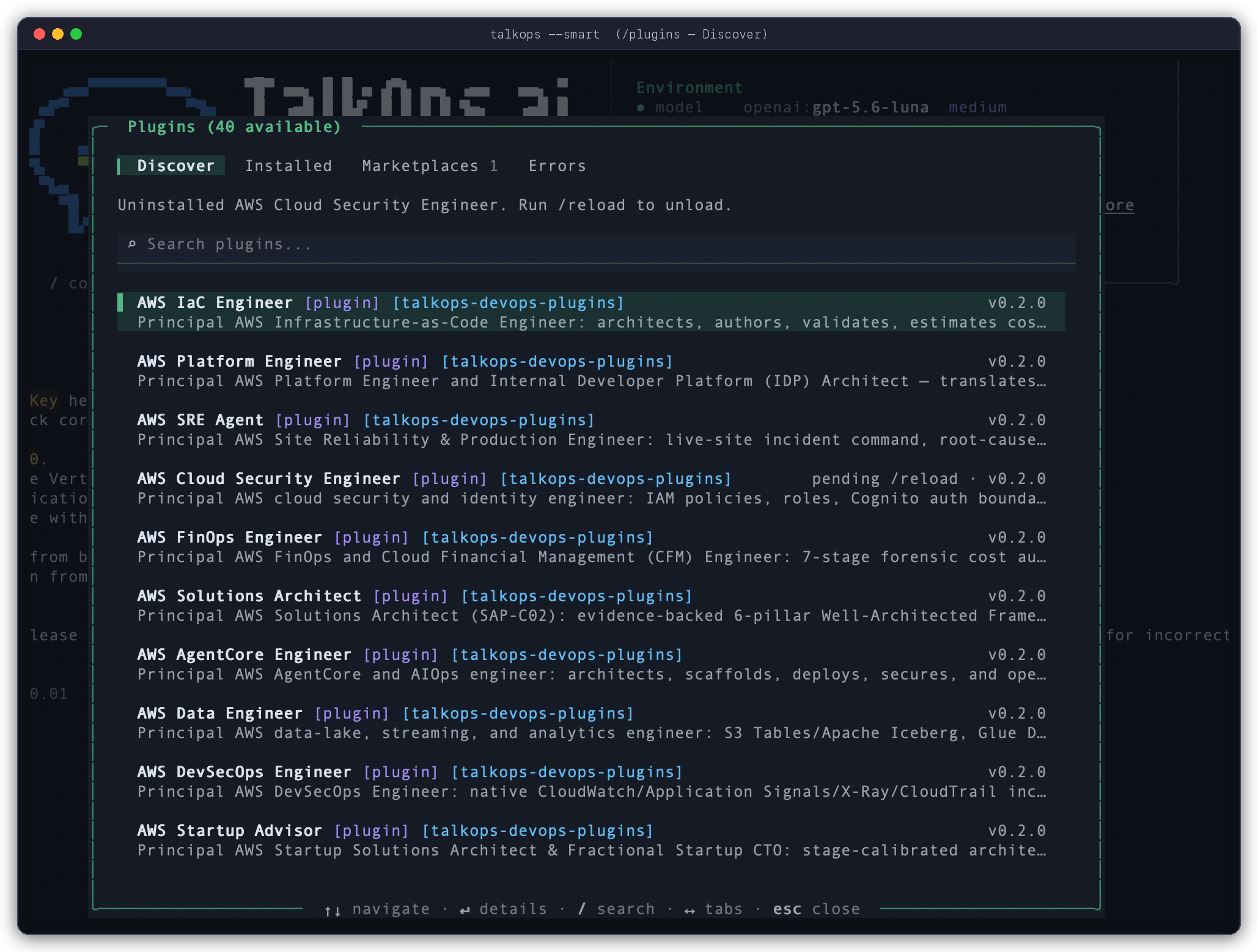 TalkOps interactive /plugins modal showing the Discover, Installed, Marketplaces, and Errors tabs