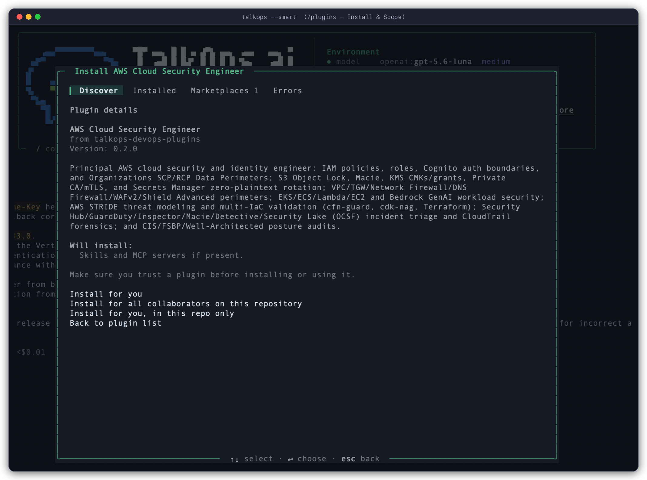 TalkOps /plugins modal showing plugin details and installation scope selection