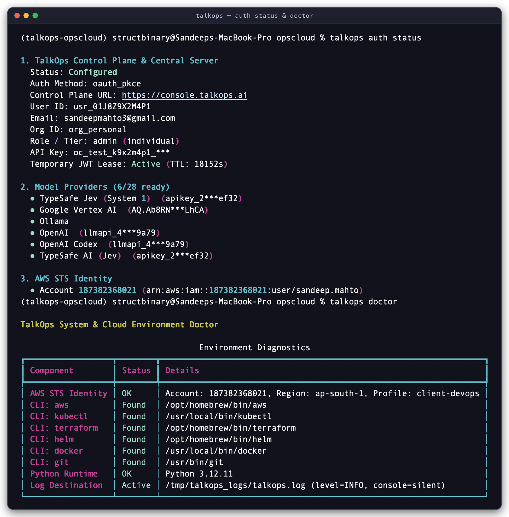 TalkOps Pre-Flight Diagnostics (talkops auth status & talkops doctor) Verifying Control Plane session, configured LLM providers, AWS STS identity, and DevOps CLIs with talkops auth status and talkops doctor
