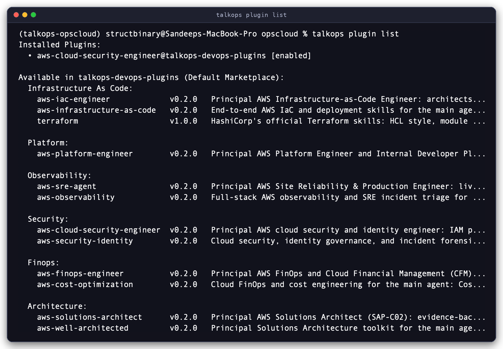 TalkOps CLI Plugin Marketplace Listing (talkops plugin list) Running talkops plugin list to inspect installed and available DevOps marketplace plugins from the CLI
