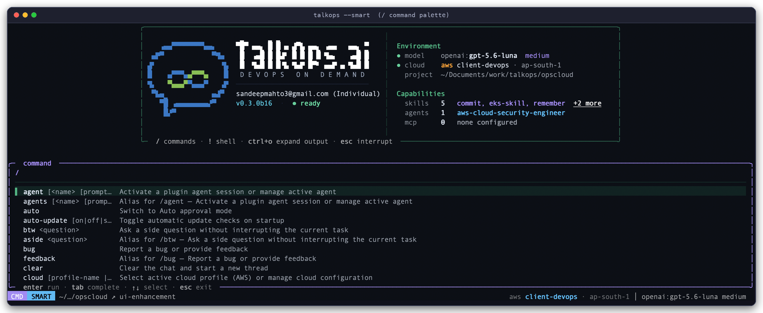 TalkOps interactive TUI command palette opened with / showing available slash commands and descriptions