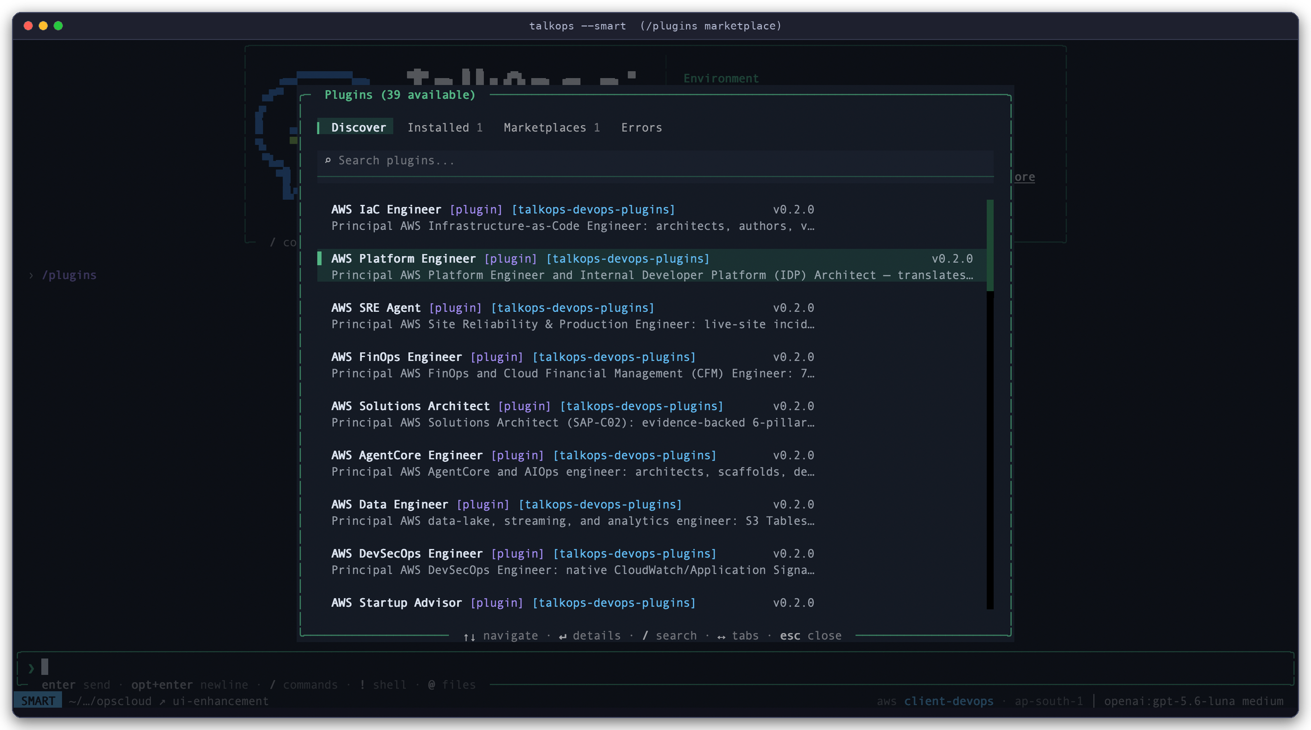 Interactive /plugins marketplace modal inside the TalkOps TUI showing 39 available DevOps plugins across Discover, Installed, and Marketplaces tabs