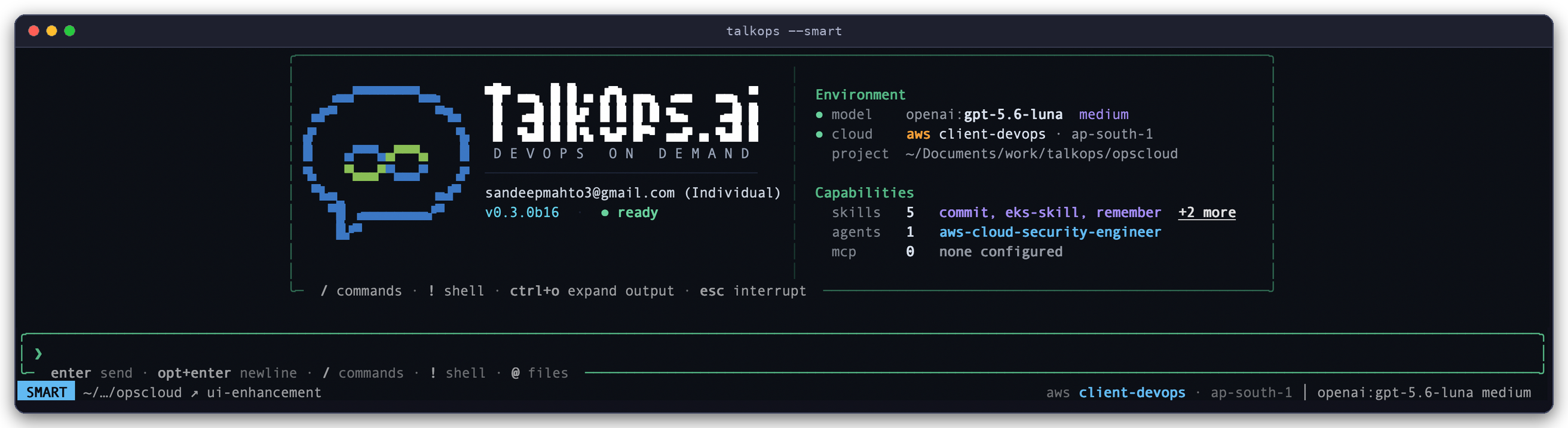 TalkOps interactive TUI launched in Jev Smart Mode showing the Welcome Banner, active model, AWS cloud context, and discovered skills and agents