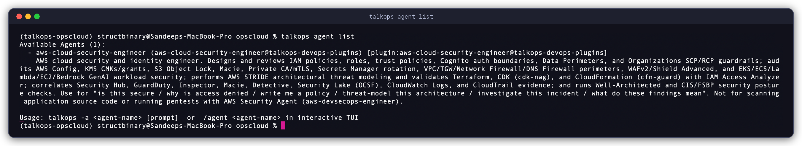 Listing discovered specialist subagents from the terminal with talkops agent list