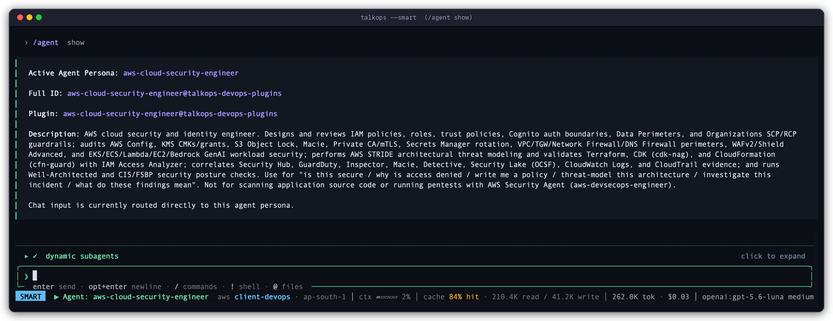Inspecting the active specialist persona with /agent show in TalkOps
