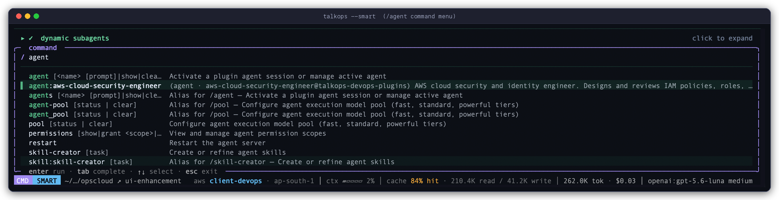 Browsing specialist subagents via the /agent command menu in TalkOps