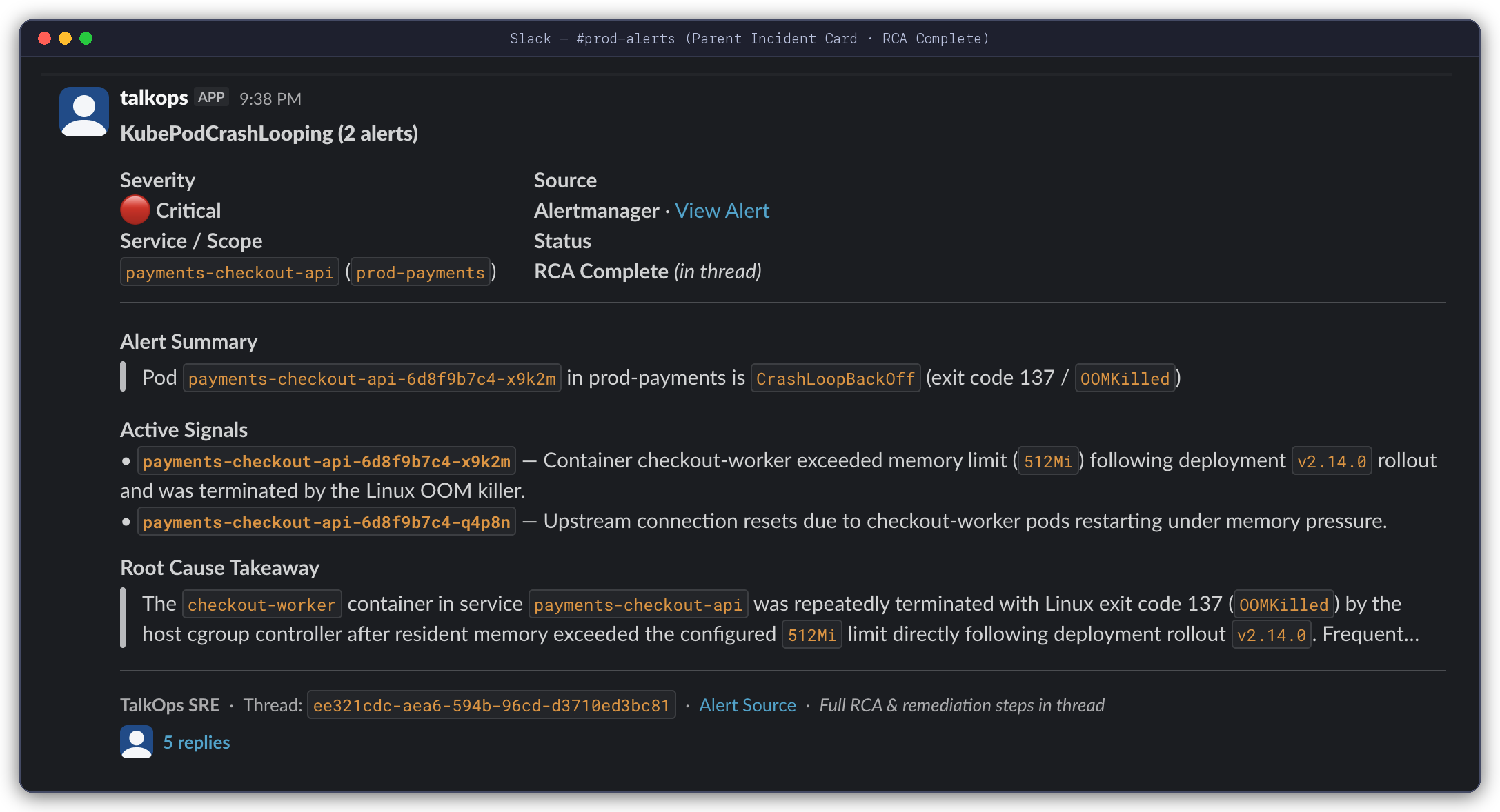 Slack parent incident card updated in-place to RCA Complete (in thread) with Alert Summary, Active Signals, Root Cause Takeaway, and Thread ID