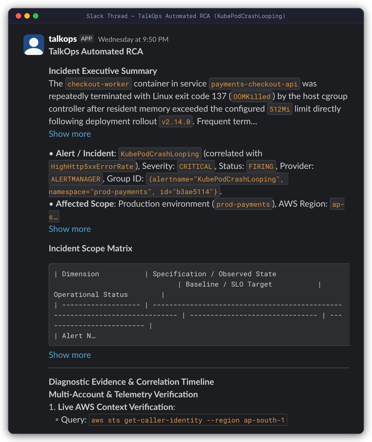 Detailed TalkOps Automated RCA posted as a threaded reply inside the Slack incident thread